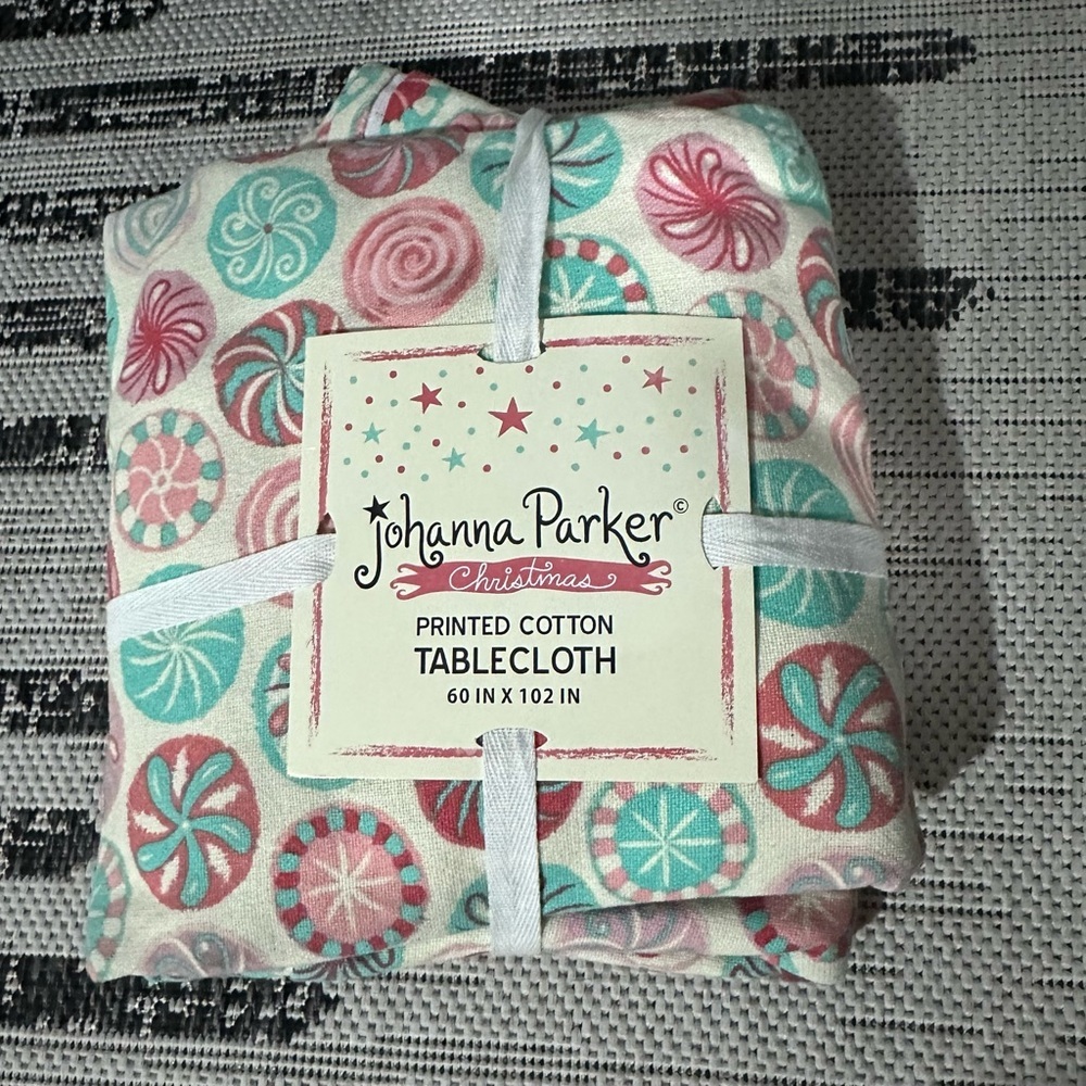 Johanna Parker Christmas Fabric Tablecloth Pastel Candy Whimsical 60"x102” NEW